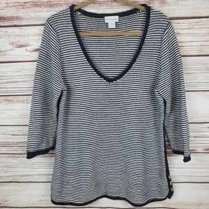 Soft Surroundings Womens Large Navy Blue/White Stripe Chunky V-Neck Sweater   B3